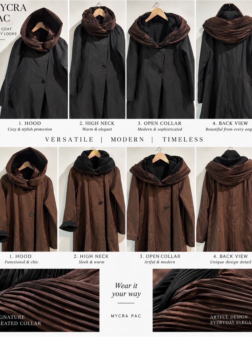 Mycra Pac Donatella Reversible Travel Coat Pleated Hood Collar Bronze Black XS